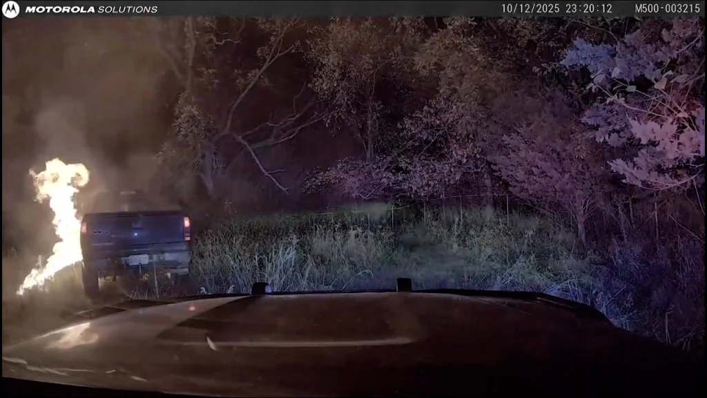 Police chase ends with truck explosion and fire in dramatic scene captured on camera