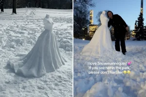 Exclusive | NYC wedding dress designer goes viral for carving bridal snow sculpture in Central Park