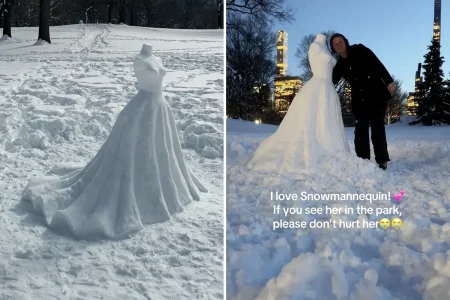 Exclusive | NYC wedding dress designer goes viral for carving bridal snow sculpture in Central Park