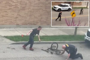 Winded cop struggles to chase down bike-riding rebel in viral ‘cat-and-mouse’ scuffle