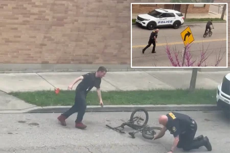 Winded cop struggles to chase down bike-riding rebel in viral ‘cat-and-mouse’ scuffle