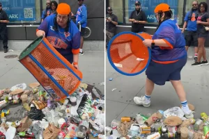 Total trash: wild video shows woman stealing Knicks garbage can and dumping refuse all over the street