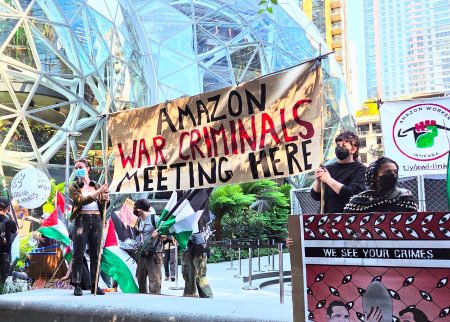 Worlds collide at Amazon Spheres as pro-Palestinian group protests cloud giant’s Israel contracts