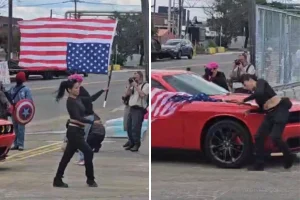 Car Strikes Woman Waving Upside-Down US Flag at Anti-ICE Demo