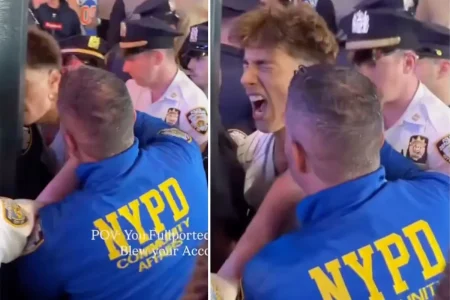 NYPD cop appears to slam Knicks fan’s head into pole during arrest at Madison Square Garden watch party: video